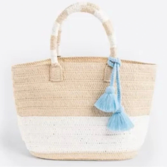 Altru NWOT Straw Bag Beach Tassel Cream White Stripe Purse Boho Tote Blue Roomy - Picture 16 of 16